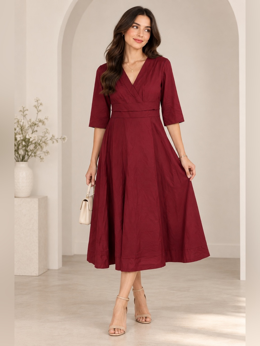 FashionMia Burgundy V-Neck Midi Dress Size L NWT